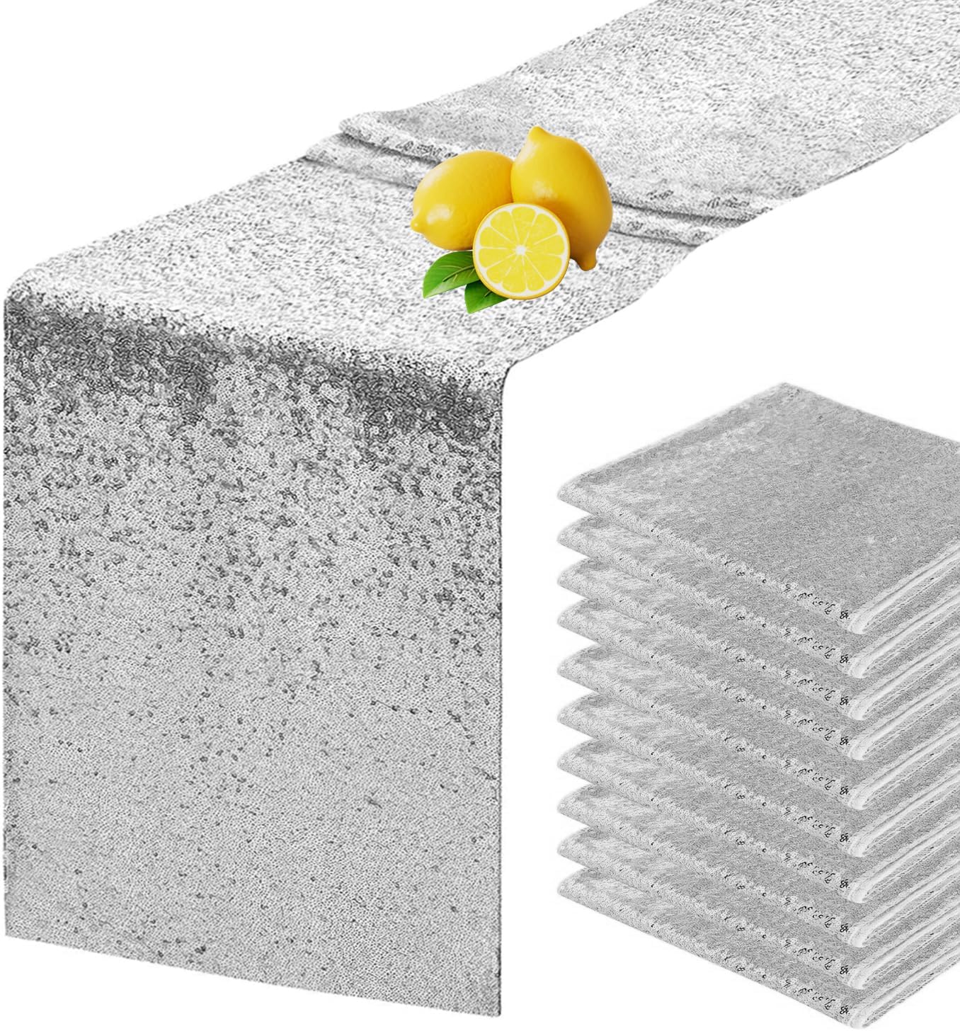Sequin Table Runners for Parties and Weddings, 10 Pcs Silver