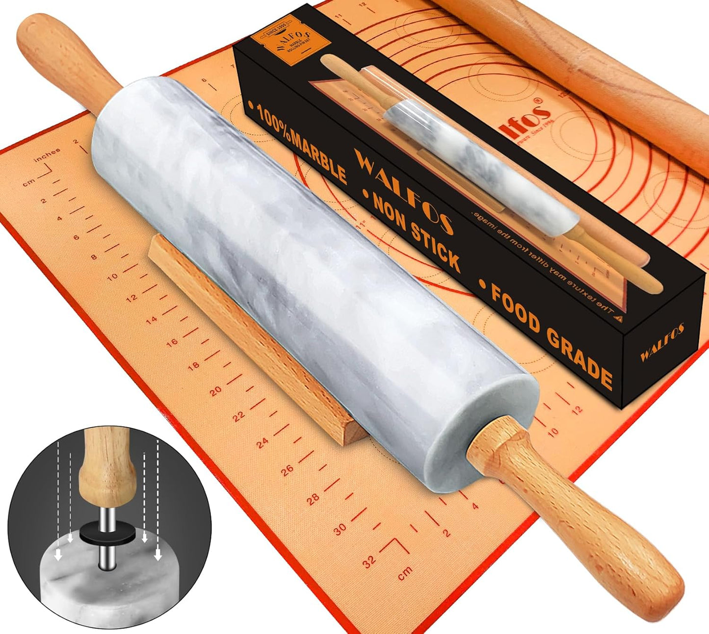 Walfos Marble Rolling Pin Set with Silicone Pastry Mat for Baking