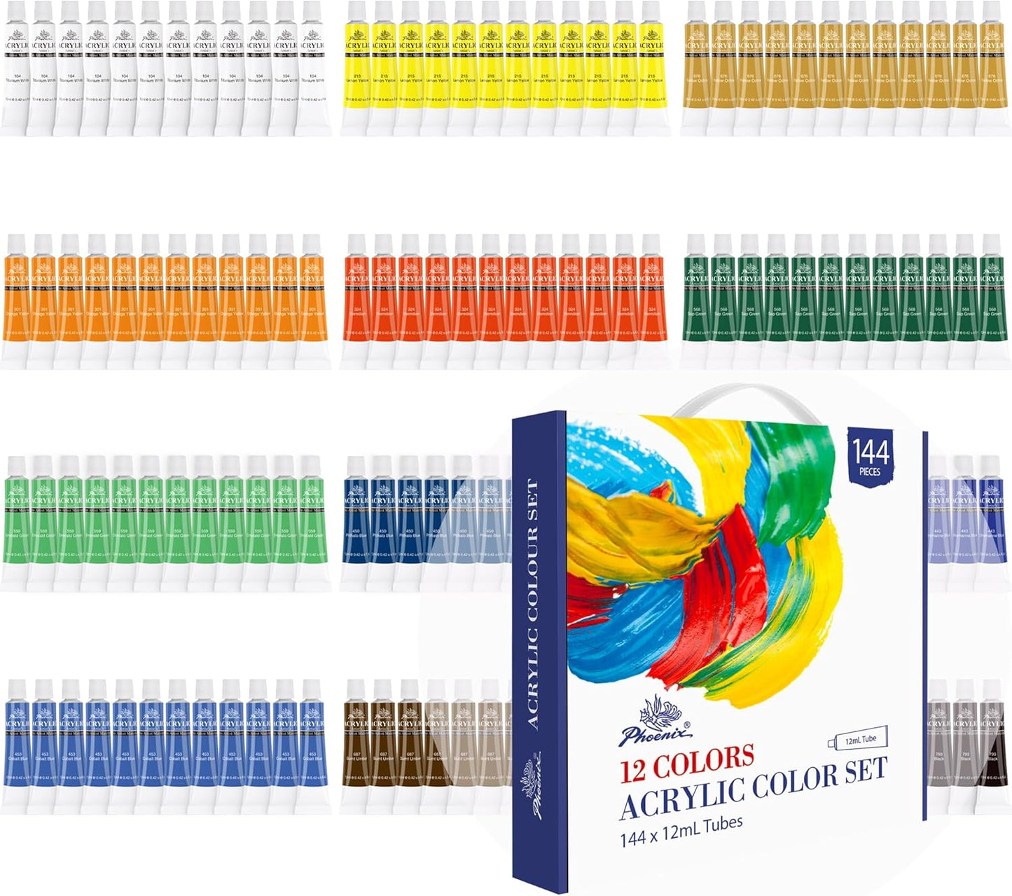 PHOENIX Acrylic Paint Set - 144 Tubes for Artists & Beginners