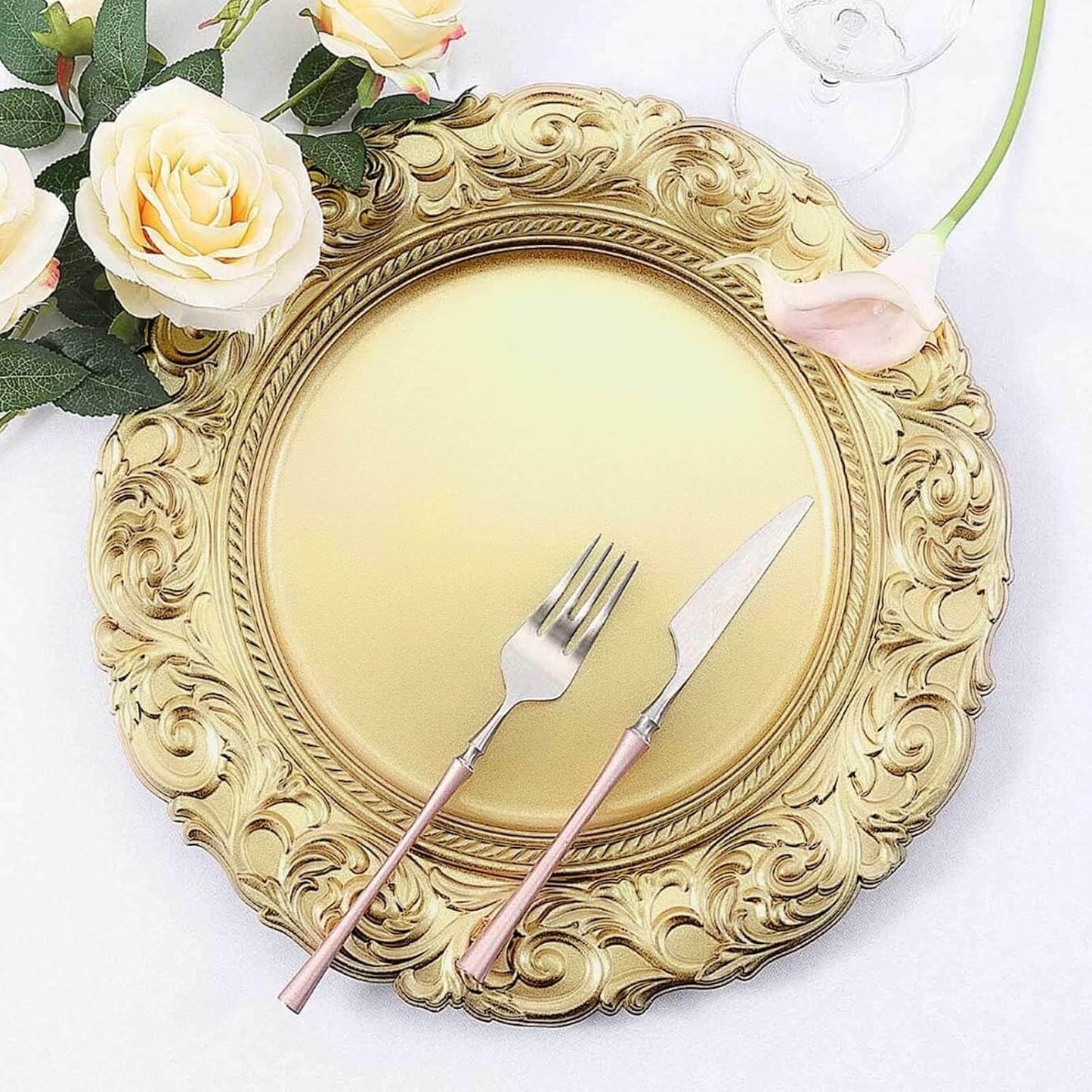 Enhance Event Decor with Gold Baroque Charger Plates