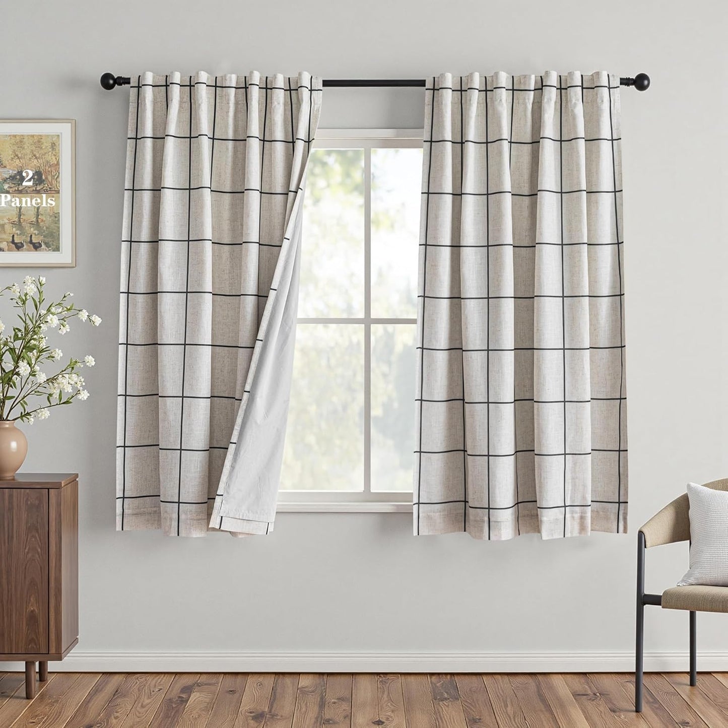 100% Blackout Plaid Linen Curtains for Bedroom Living Room