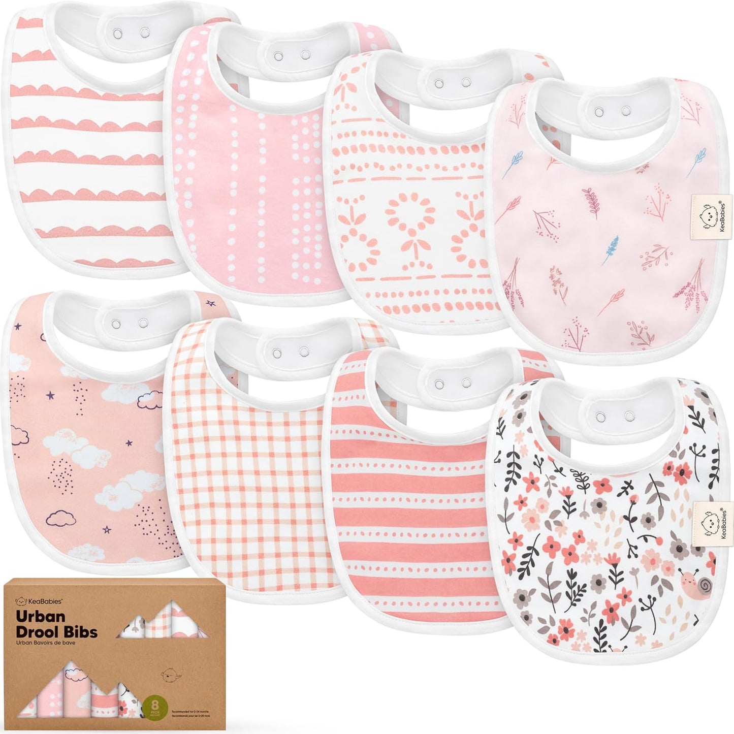 KeaBabies 8-Pack Organic Cotton Baby Bibs - Sweet Charm