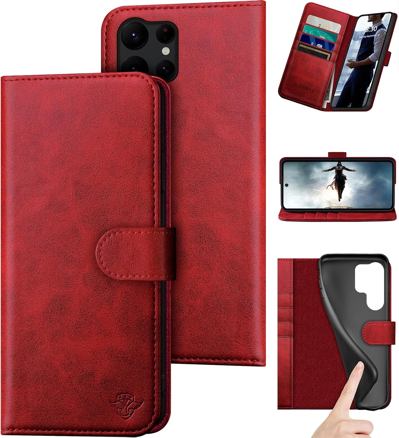 Genuine Leather Wallet Case for Samsung Galaxy S24 Ultra Red
