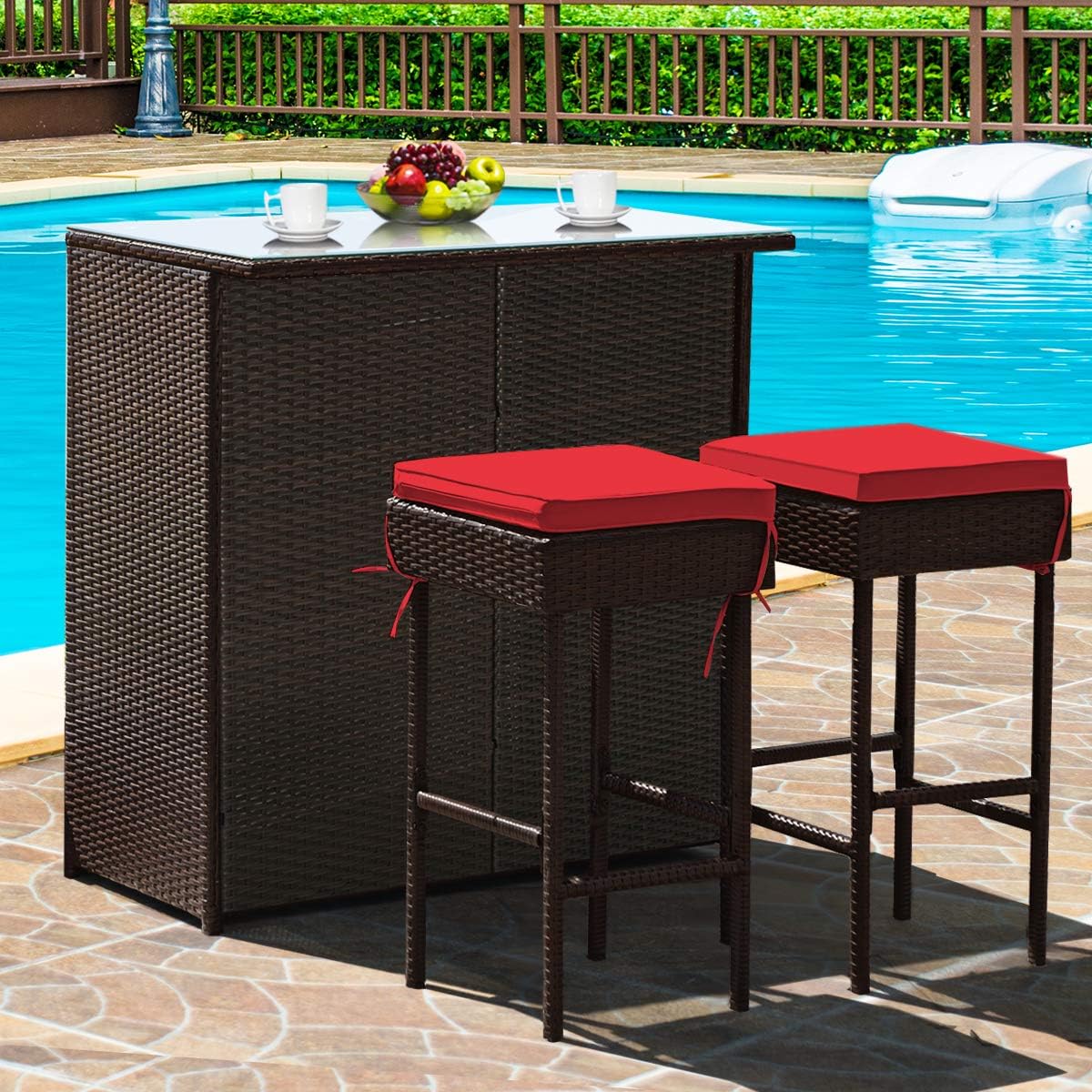 Tangkula 3 Piece Outdoor Rattan Wicker Bar Set for Patios