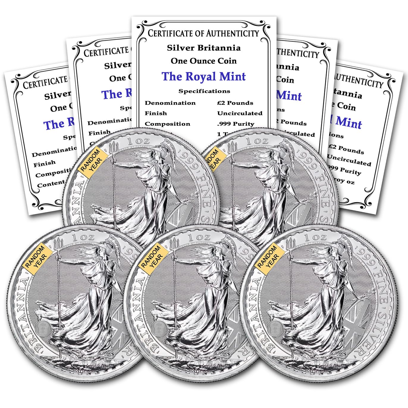 1 oz Silver Britannia Coins Lot of 5 with Certificate of Authenticity