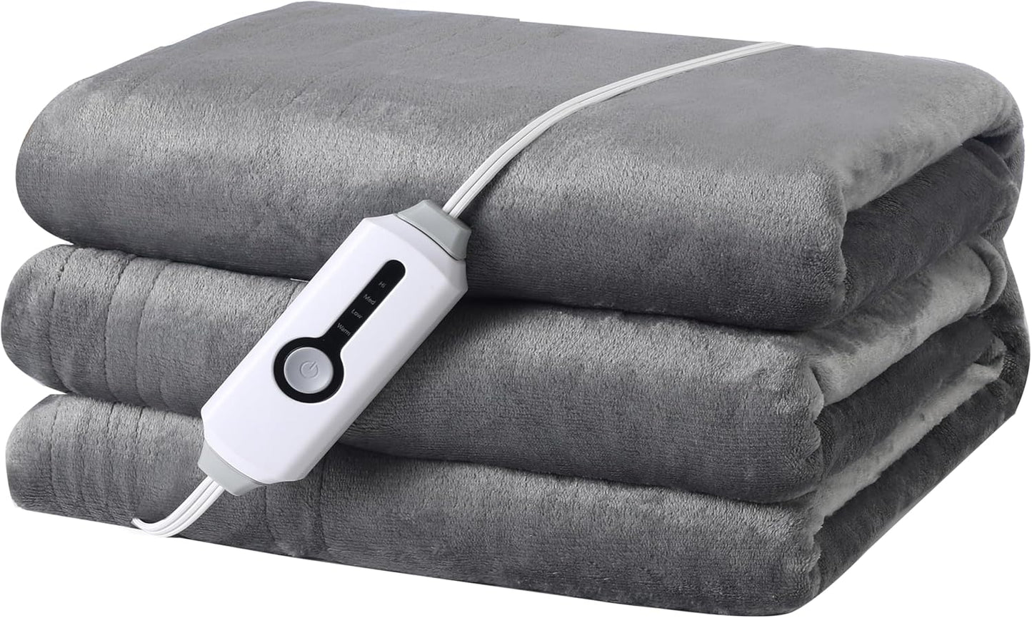 Full Size Electric Heated Blanket - 4 Heat Levels, Auto Shut Off - Cozy & Washable - Light Grey
