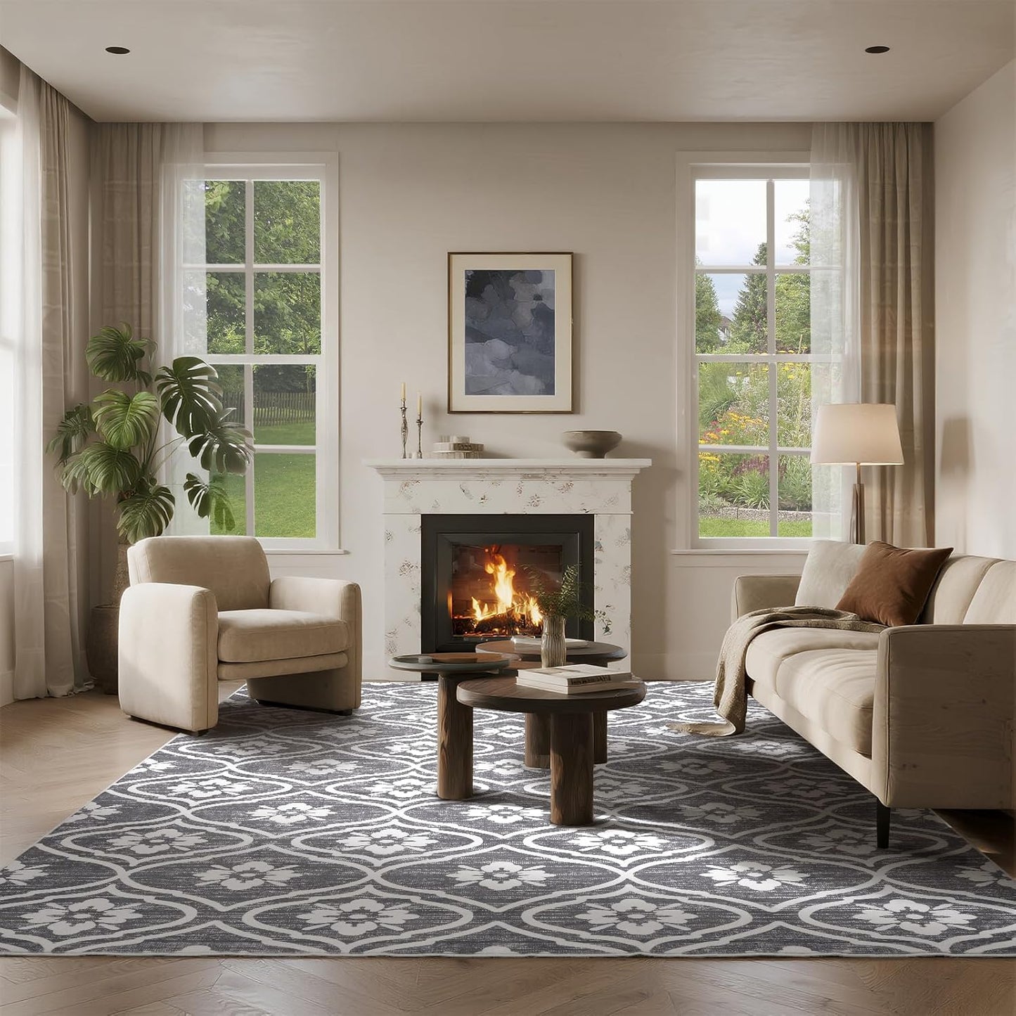 8x10 Ft Washable Grey Rug for Living Room Soft Moroccan Design