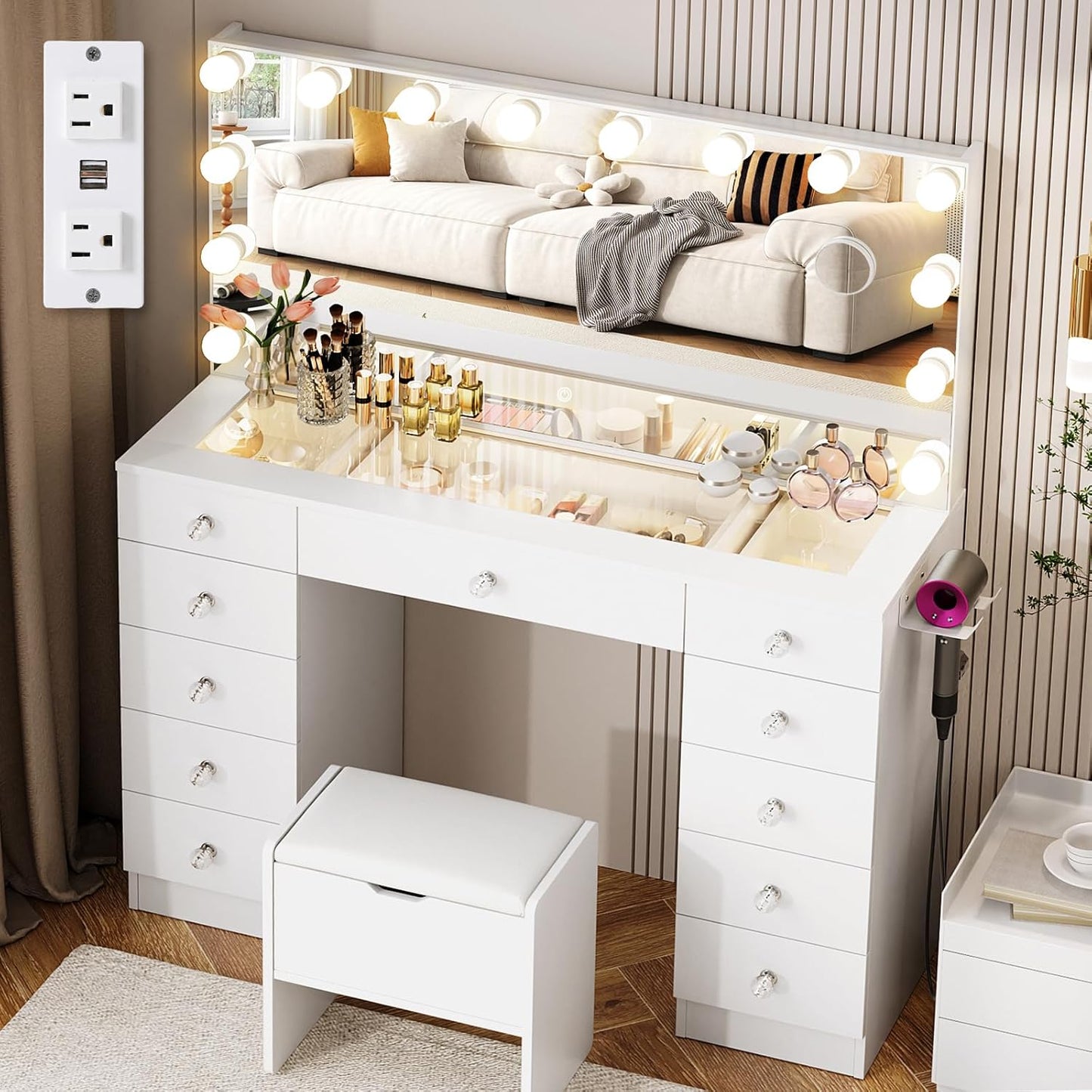 Glass Top Makeup Vanity Desk with Lights