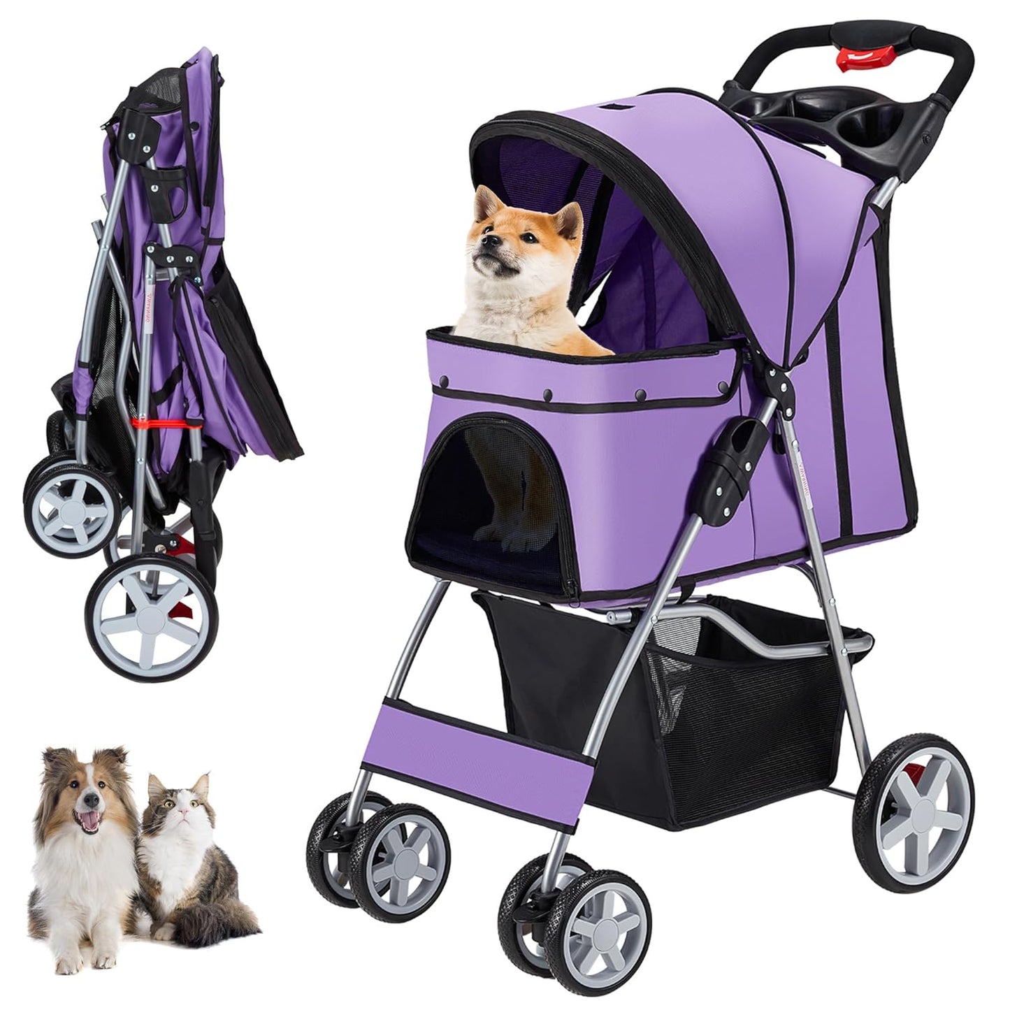 4 Wheels Pet Stroller for Small Medium Dogs Cats - Purple