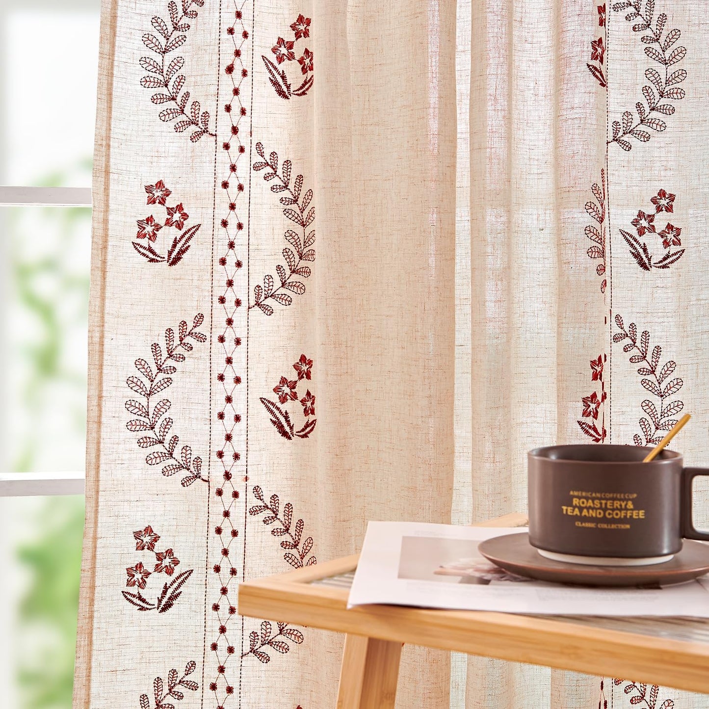 Floral Linen Curtains for Bedroom with Embroidered Design