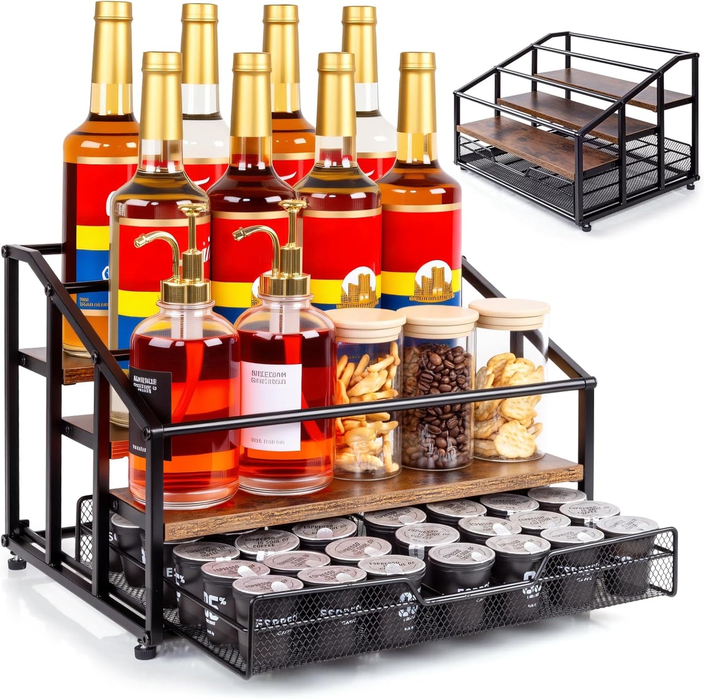 4-Tier Coffee Syrup Rack Organizer with K Cup Drawer for Bar