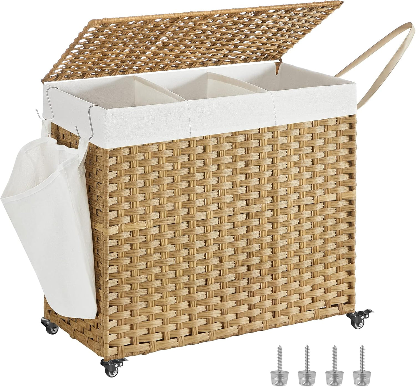 SONGMICS 3-Section Rolling Laundry Hamper with Lid and Wheels