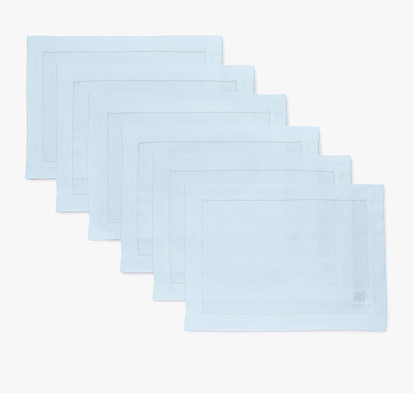 Classic Hemstitch Light Blue Linen Placemats Set of 6 for Dining