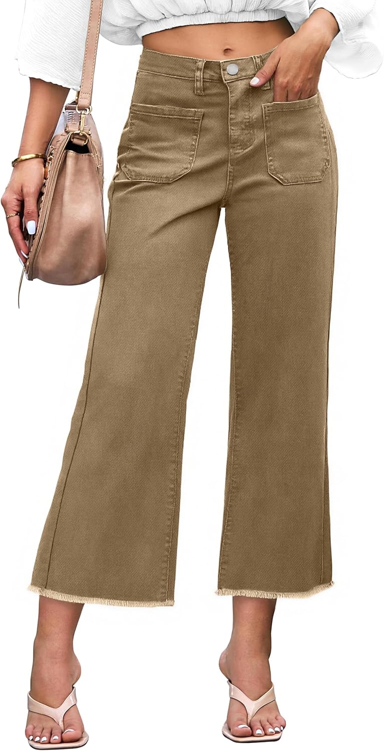 Denim Women Cropped Trousers High Rise Stretchy Pants with Pockets