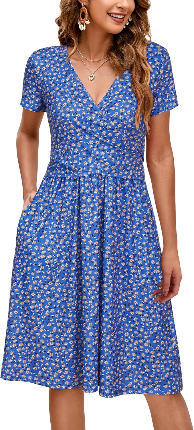 OUGES Women's V Neck Midi Dress with Pockets for Maternity