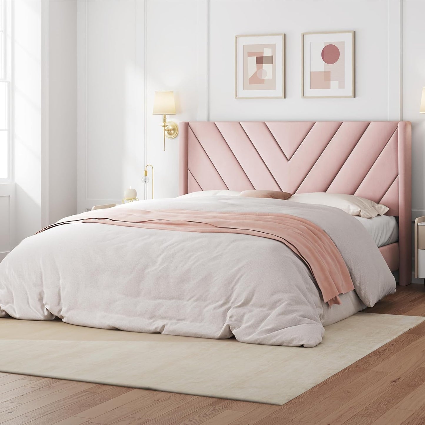 Yaheetech Queen Bed Frame with Wing Side and Tufted Headboard