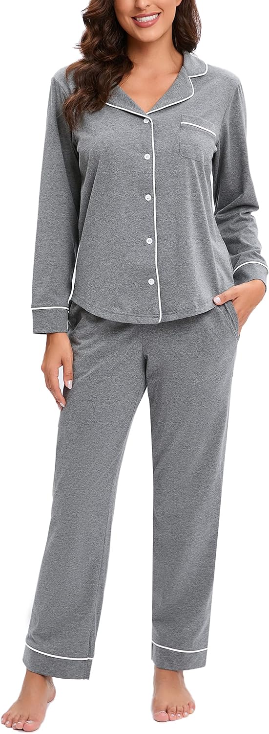 LUBOT 100% Cotton Pajamas for Women - Soft Button-Down Set
