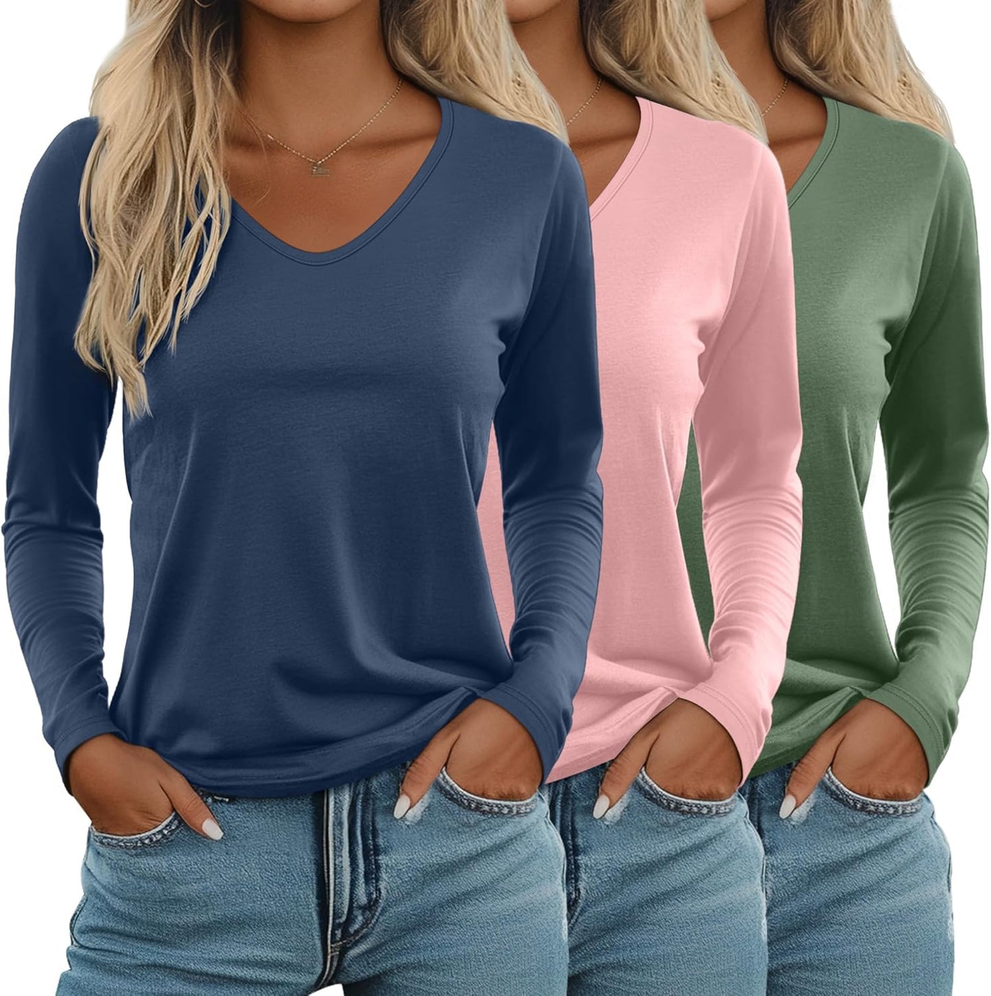 Ficerd Women's Long Sleeve V Neck T Shirts - 3 Pack