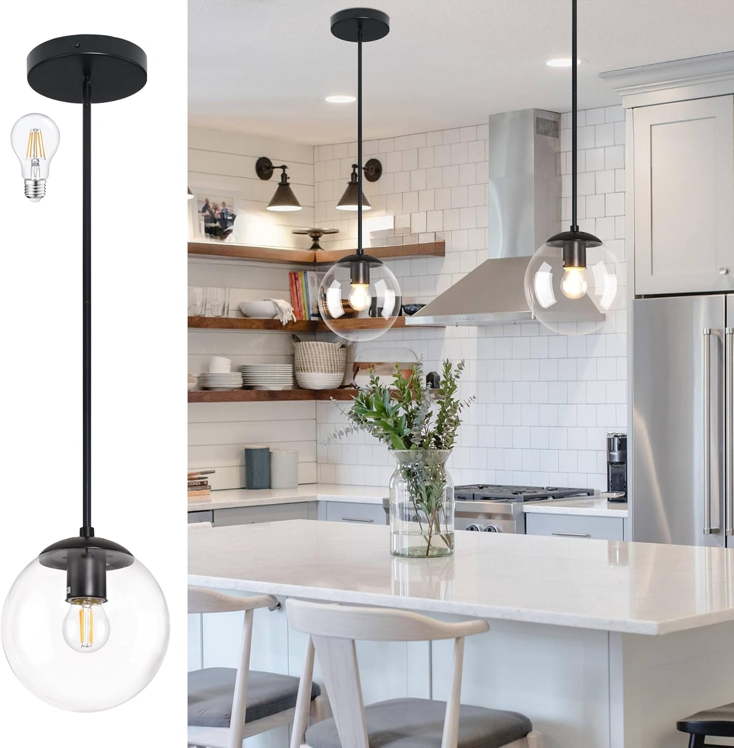 8 Inch Black Mid Century Pendant Light for Kitchen Island