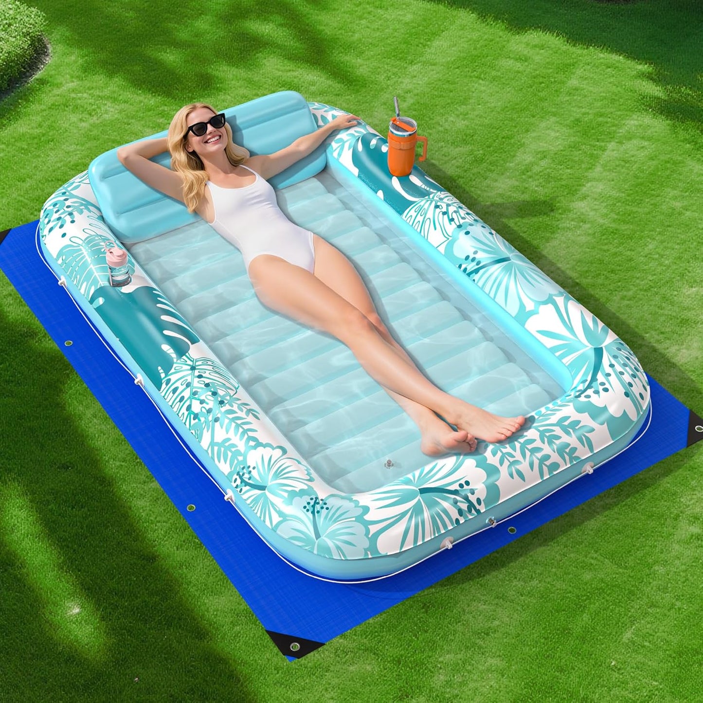 Inflatable Tanning Pool Lounger Float with Protection Tarp