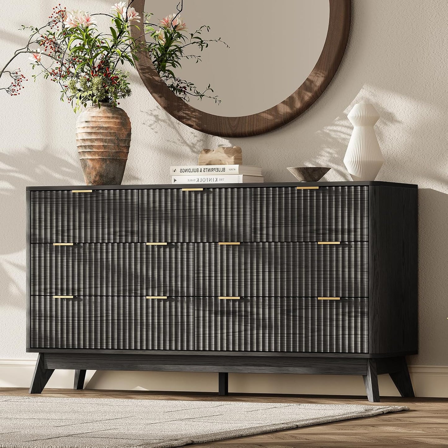 Modern Fluted Vertical Chest Dresser with 7 Drawers in Black