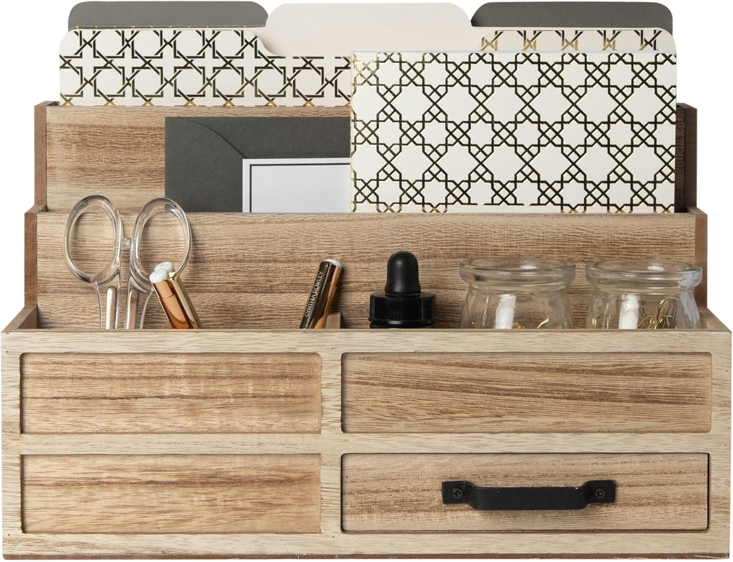 Natural Wood Mail Organizer with Drawer & Pen Holder for Desk