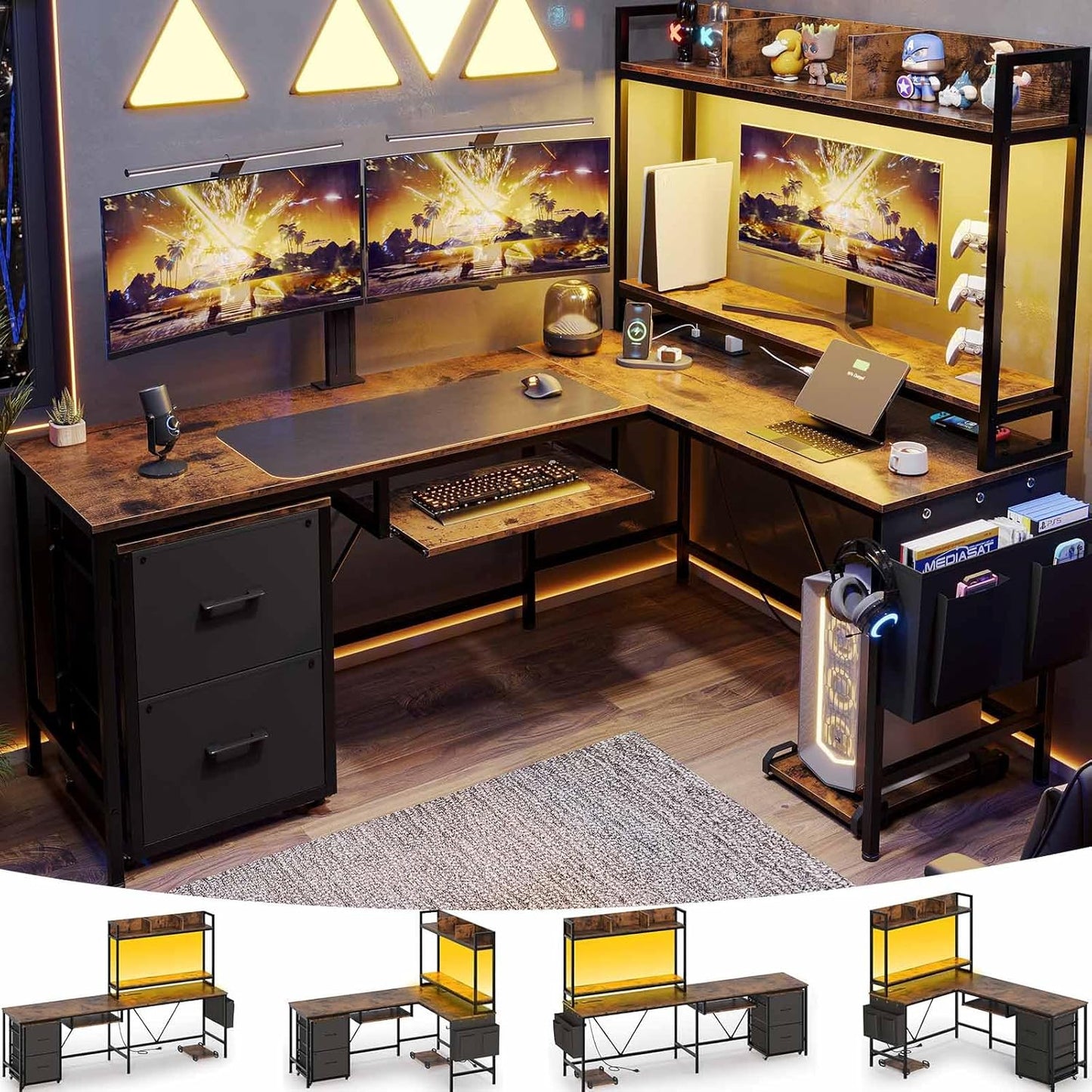 Reversible L-Shaped Gaming Desk with Power Outlet