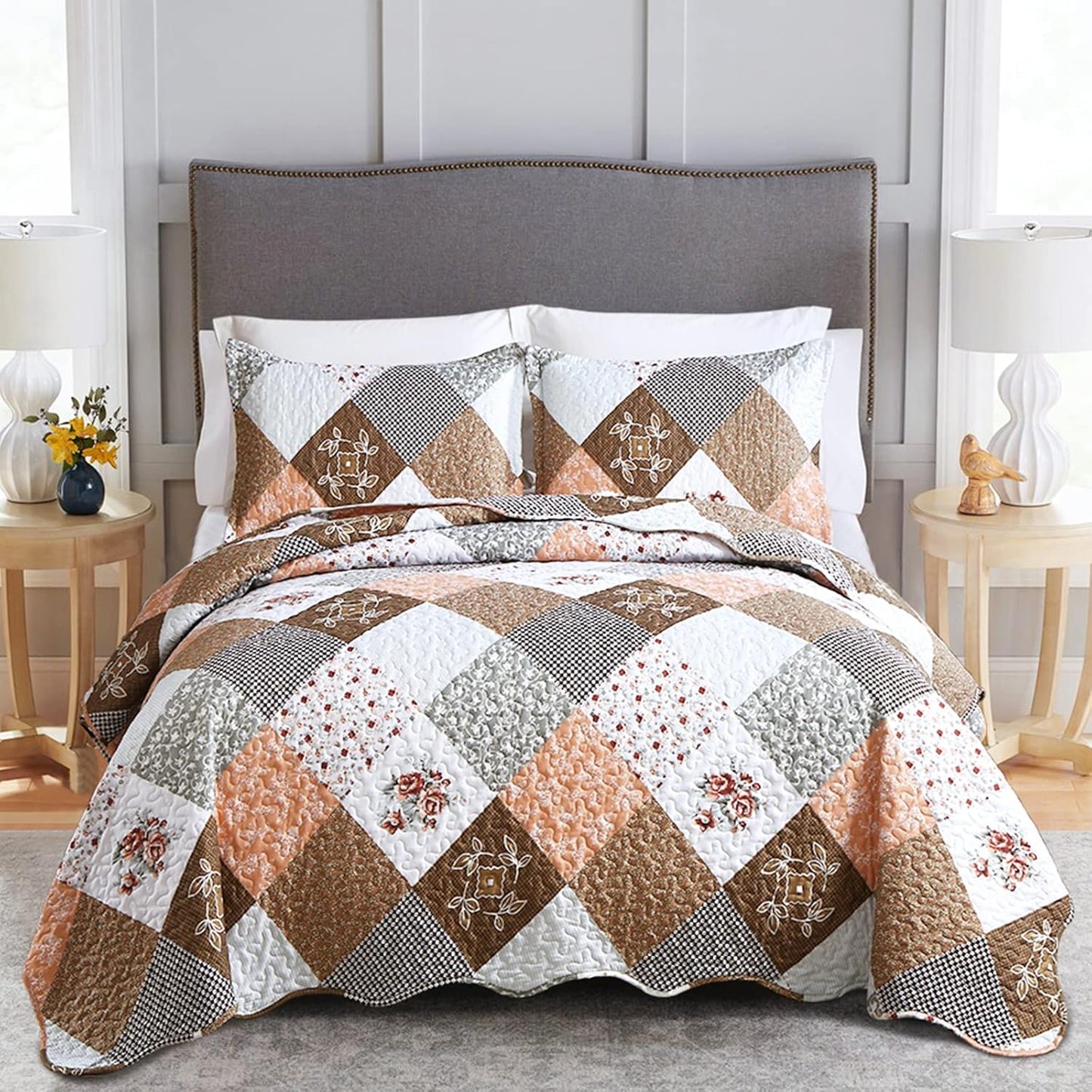 Dinjoy Floral Plaid Patchwork Quilt Set for Twin Size Bedding