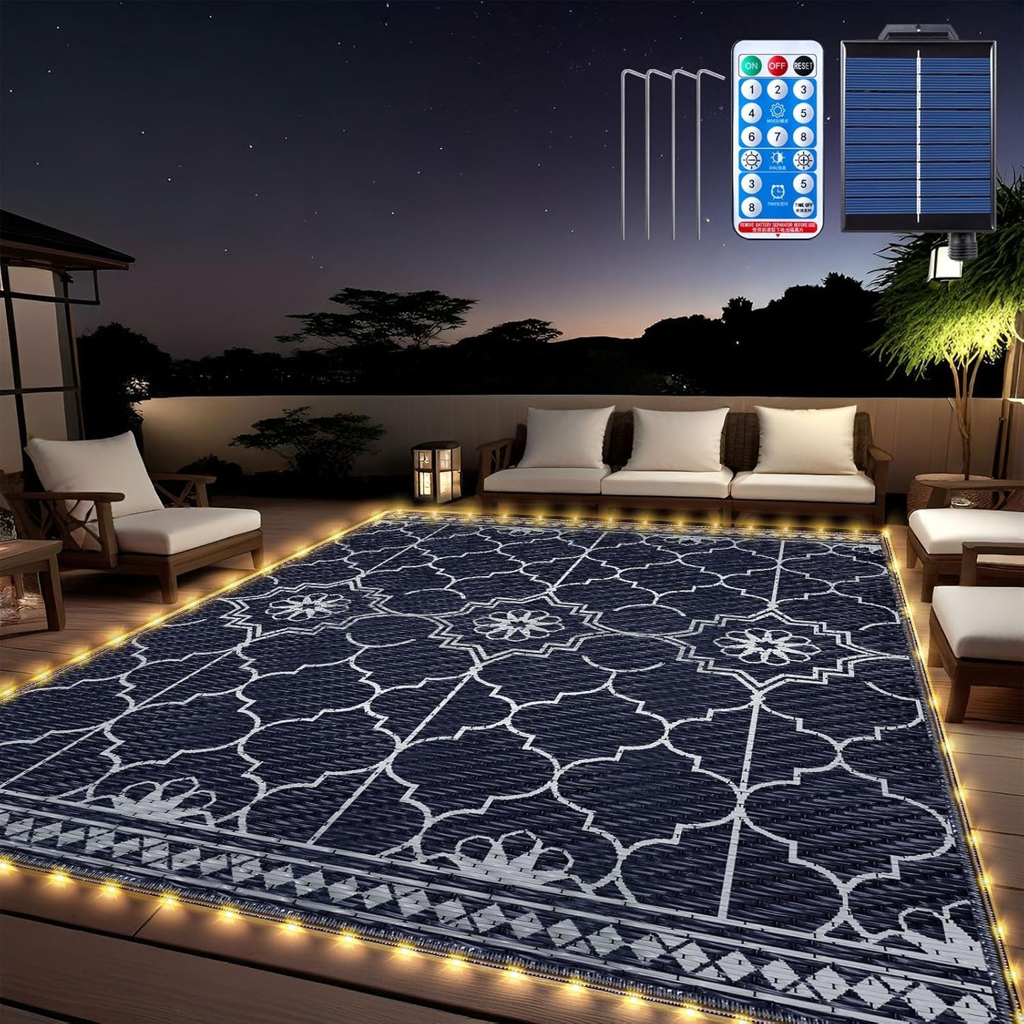 8x10Ft Solar Powered Outdoor Rug with LED Lights for All Occasions
