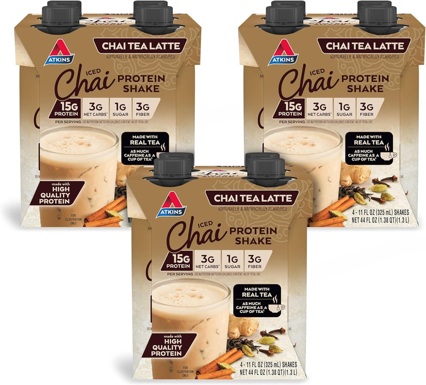 Keto-Friendly Chai Protein Shake, 15g Protein, Low Carb, Atkins Approved, Set of 3