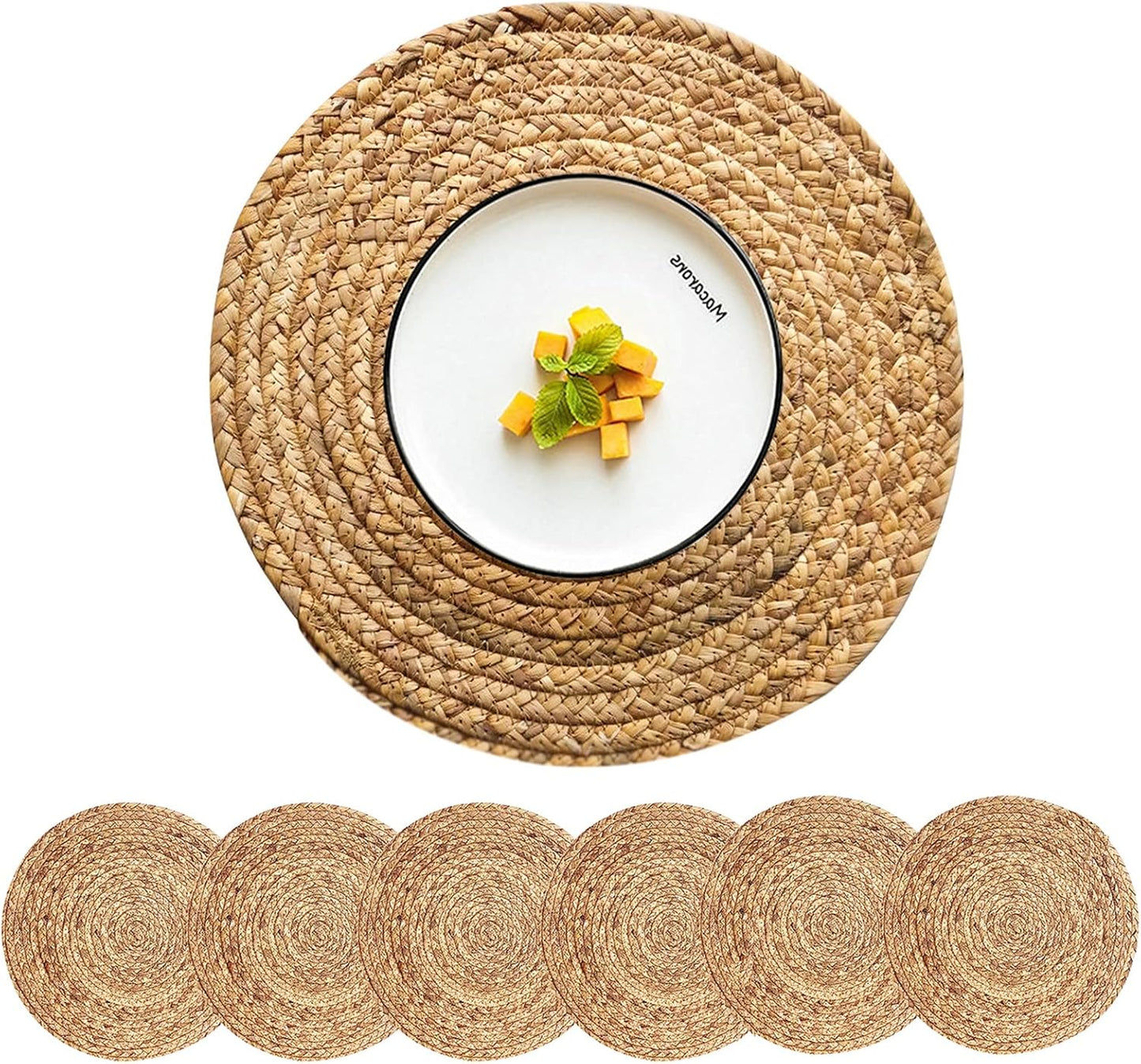 Woven Placemats Set of 6, 13.5 Inch Round Rattan Decor