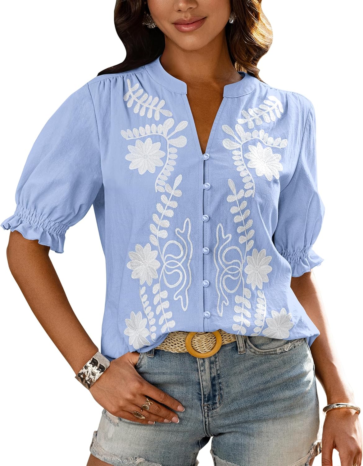 BTFBM Women's Casual Floral Boho V Neck Puff Sleeve Tops