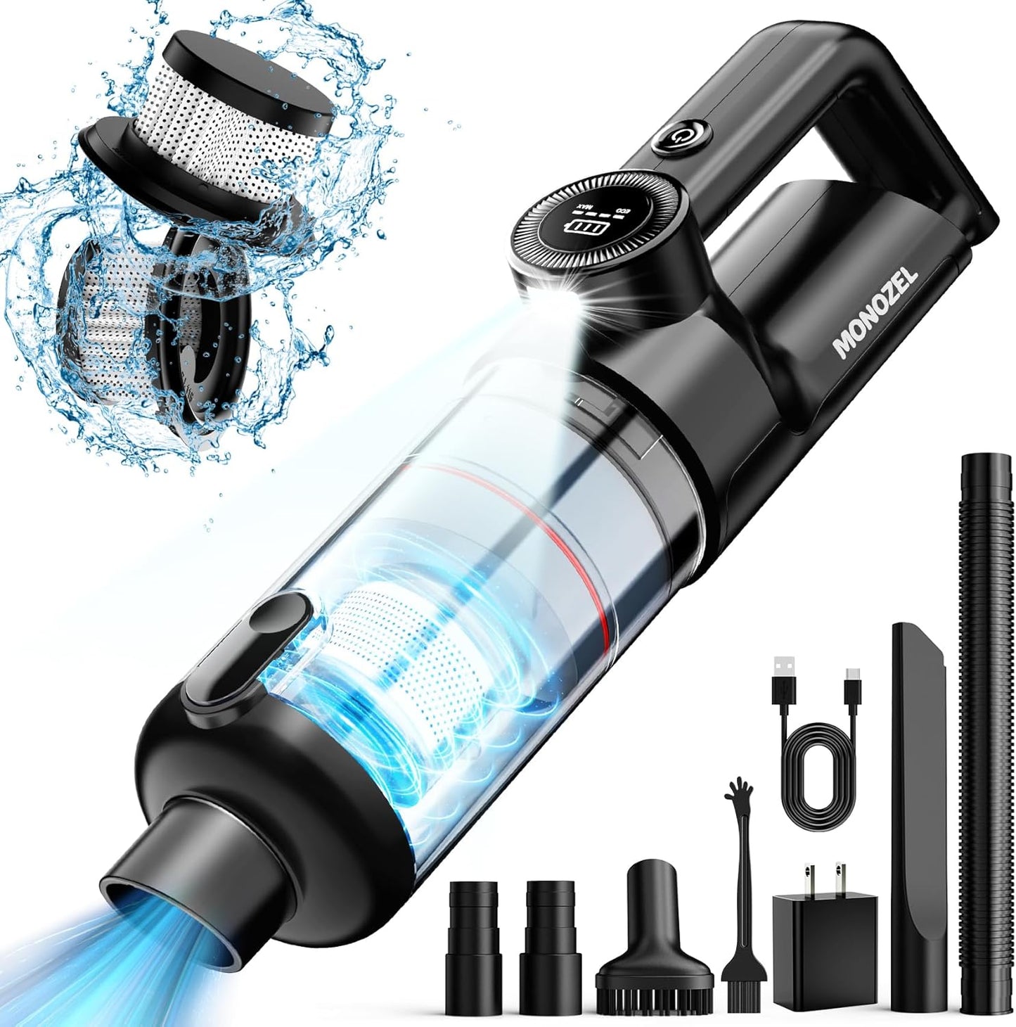 MONOZEL Cordless Car Vacuum - Powerful 15000Pa Suction