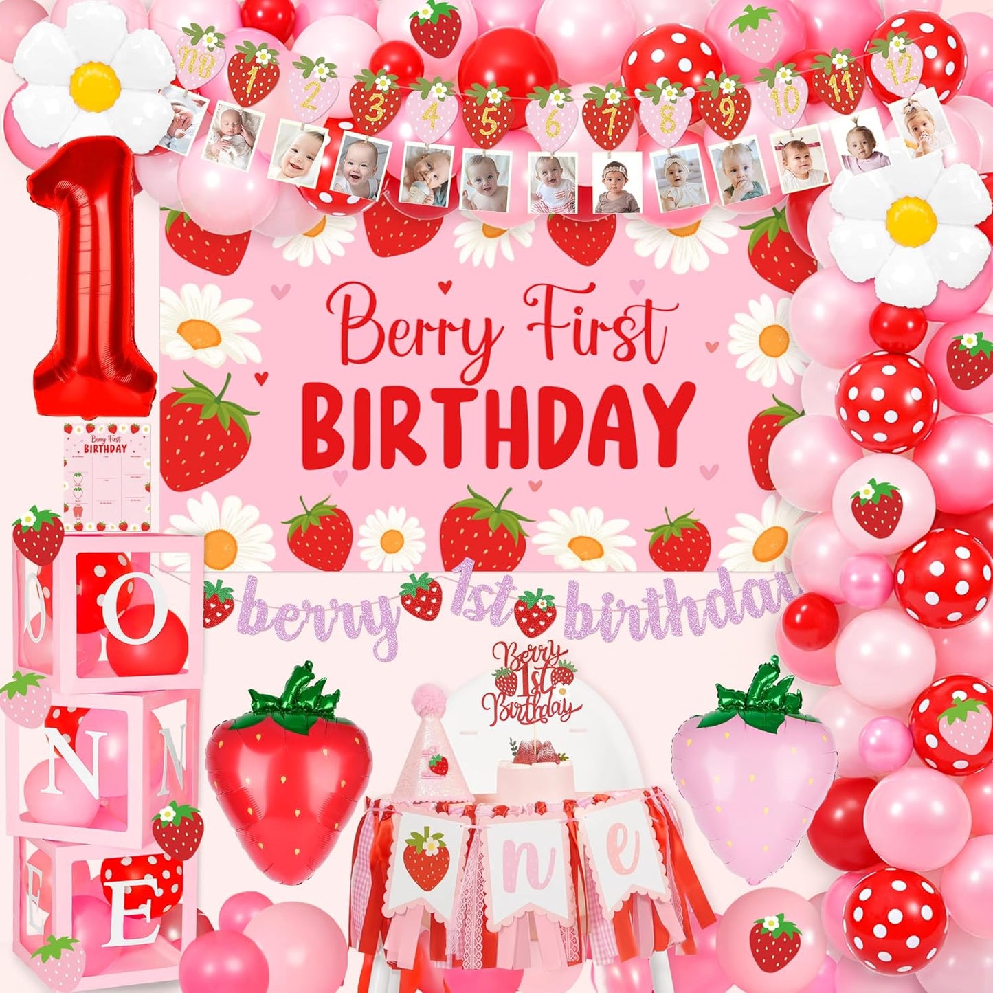 Berry First Birthday Decor for Girls with Balloon Arch Set