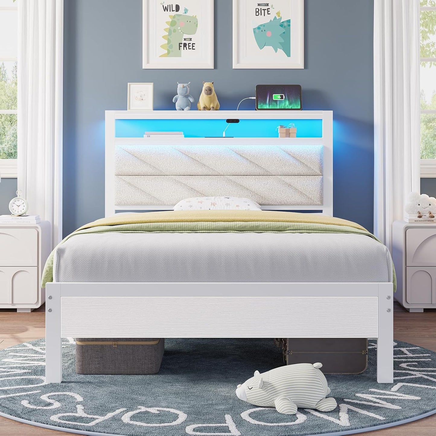 Seventable Twin Bed Frame with Charging Station and LED Lights