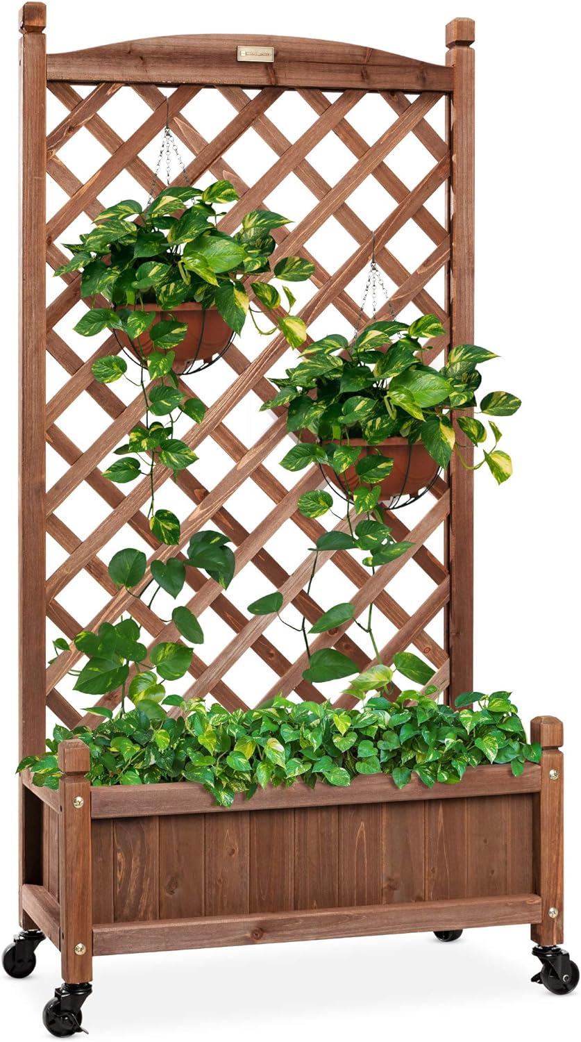 48in Wood Planter Box with Diamond Lattice Trellis for Climbing Plants