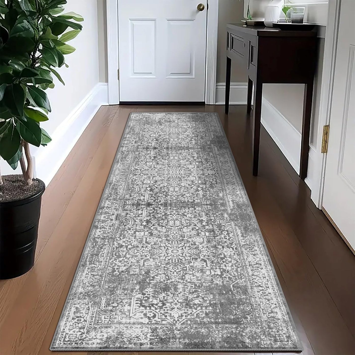 Vivorug Grey Runner Rug 2x10 - Vintage Machine Washable Design