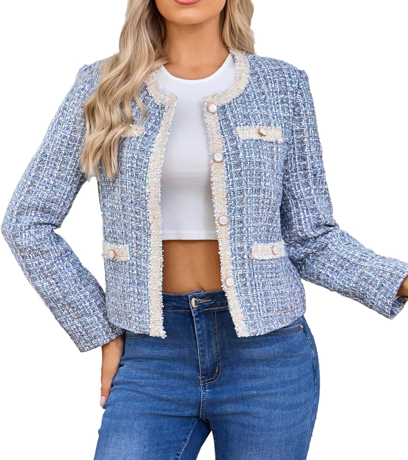 Women's Tweed Blazers Cropped Long Sleeve Open Front Jacket