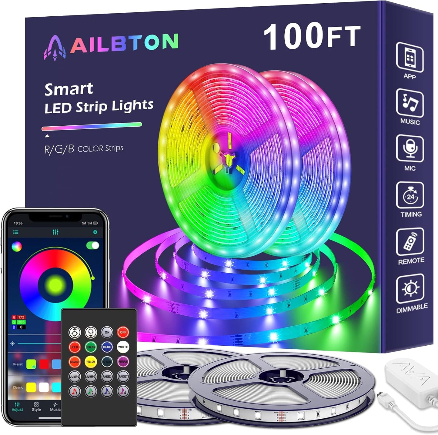 AILBTON 100ft Led Light Strip for Bedroom with Music Sync