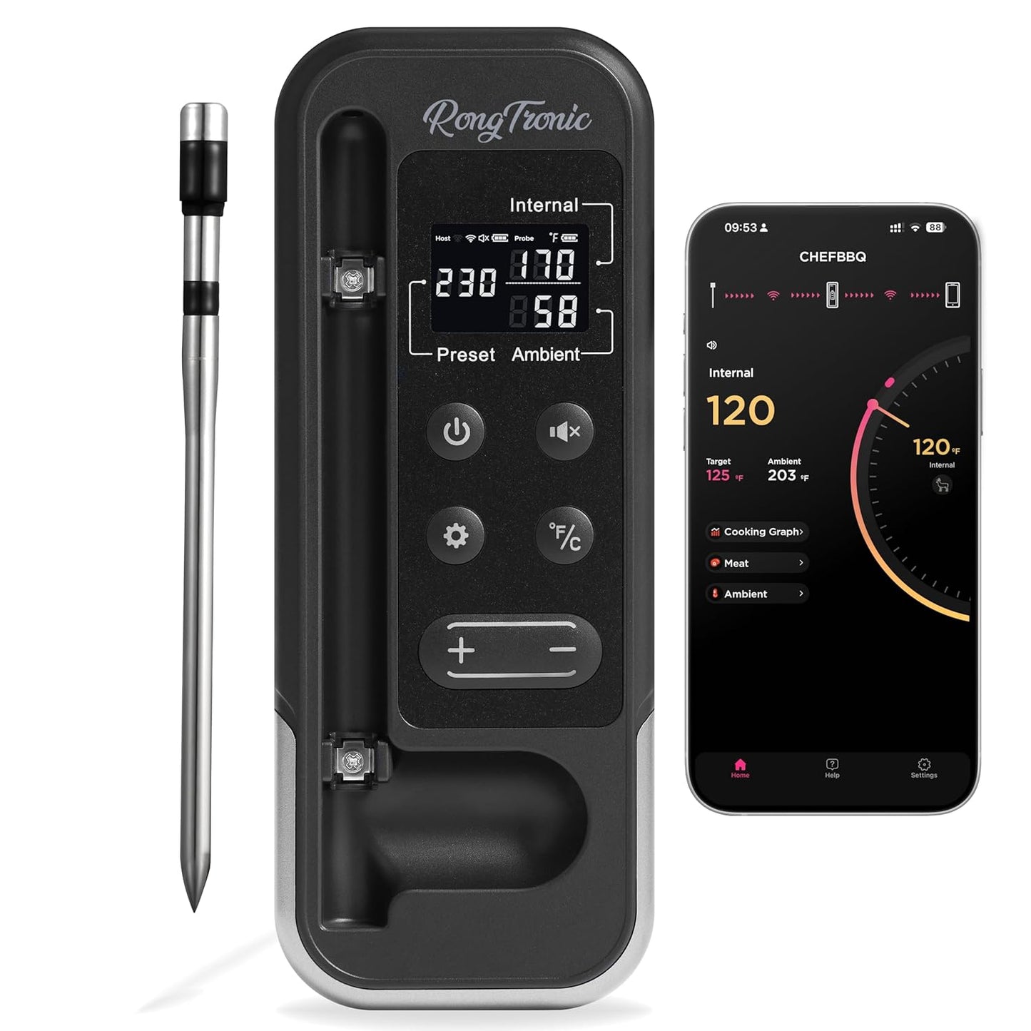 Wireless Bluetooth Meat Thermometer - Instant Read, Ultra Thin Probe - Rong Tronic