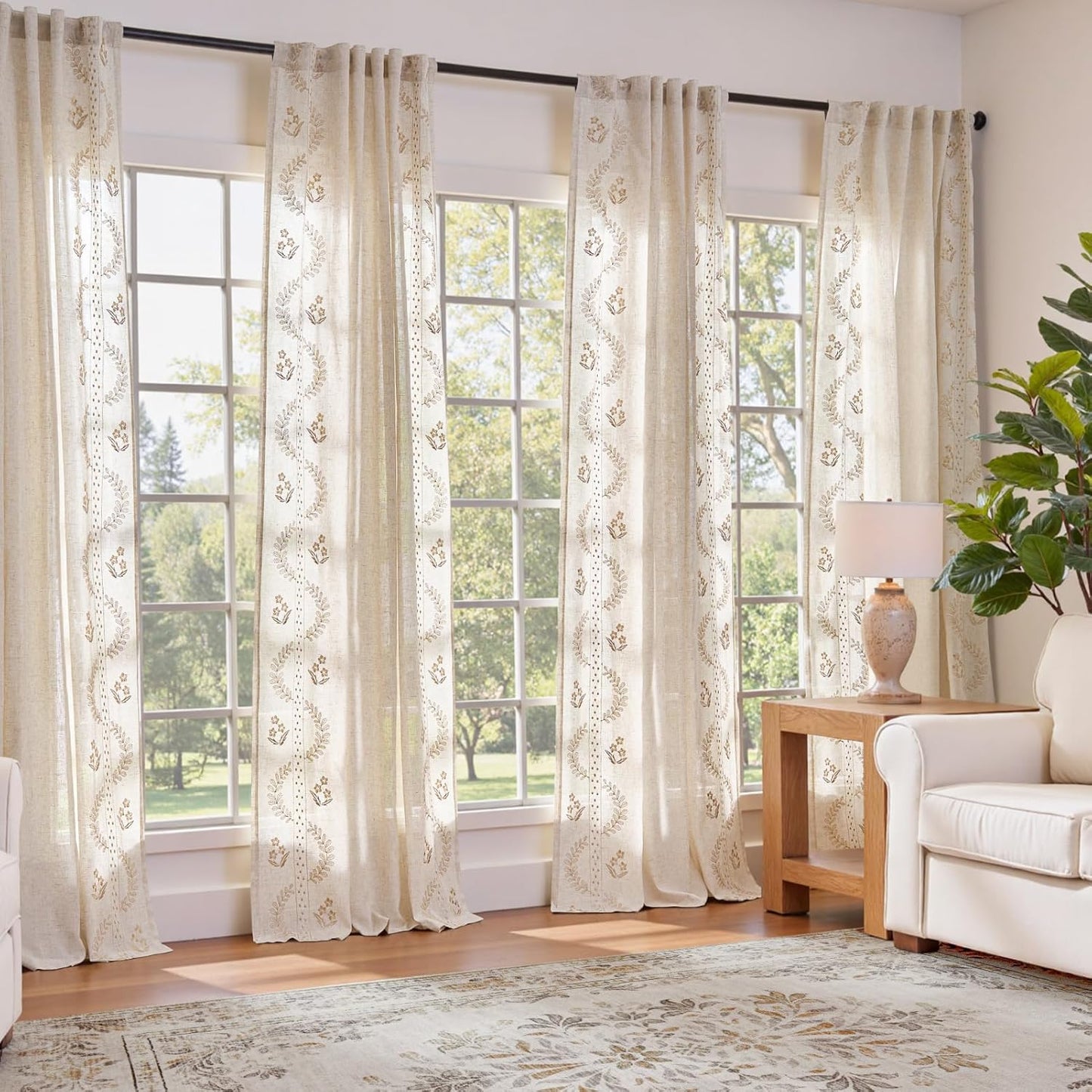 Floral Linen Blend Curtains Set of 4 for Living Room & Bedroom