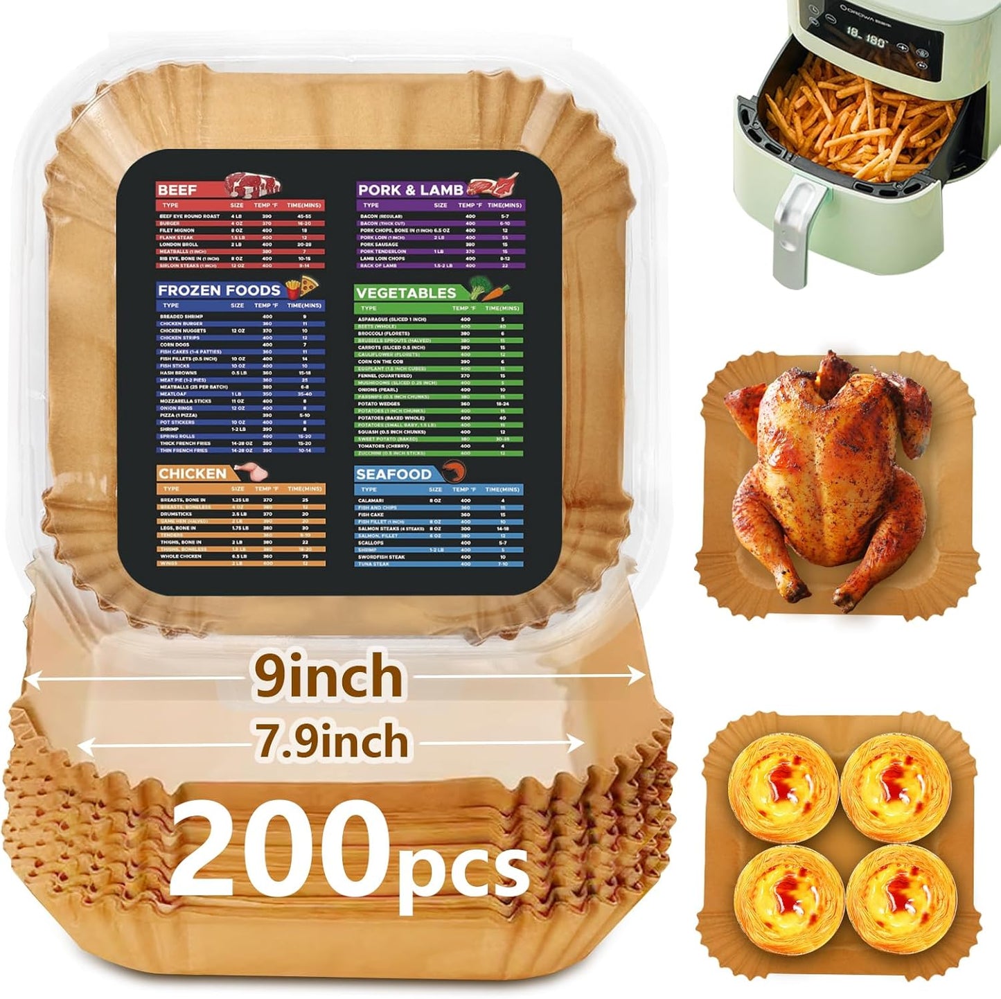 200 Disposable Air Fryer Liners - Non-Stick Parchment for 5-8 QT - OilProof & Waterproof