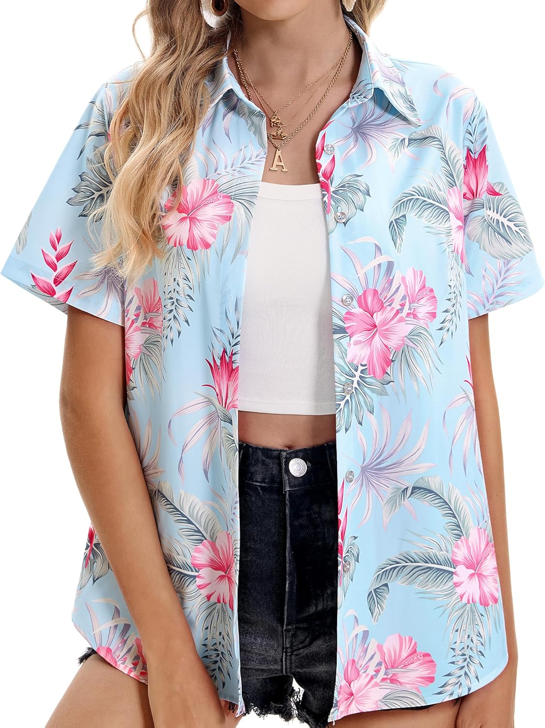 Womens Hawaiian Shirt Soft Cool Summer Floral V Neck Tops