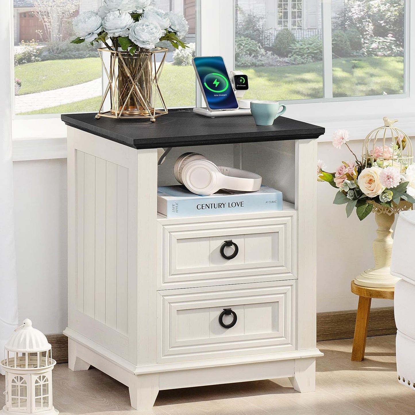 Farmhouse Night Stand with Charging Station and 2 Drawers