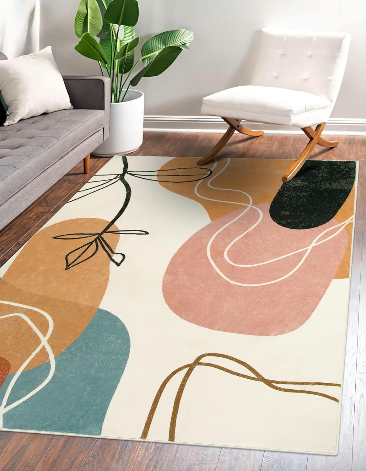 Washable Boho Area Rug 4x6 - Non-Slip Soft Botanical Print