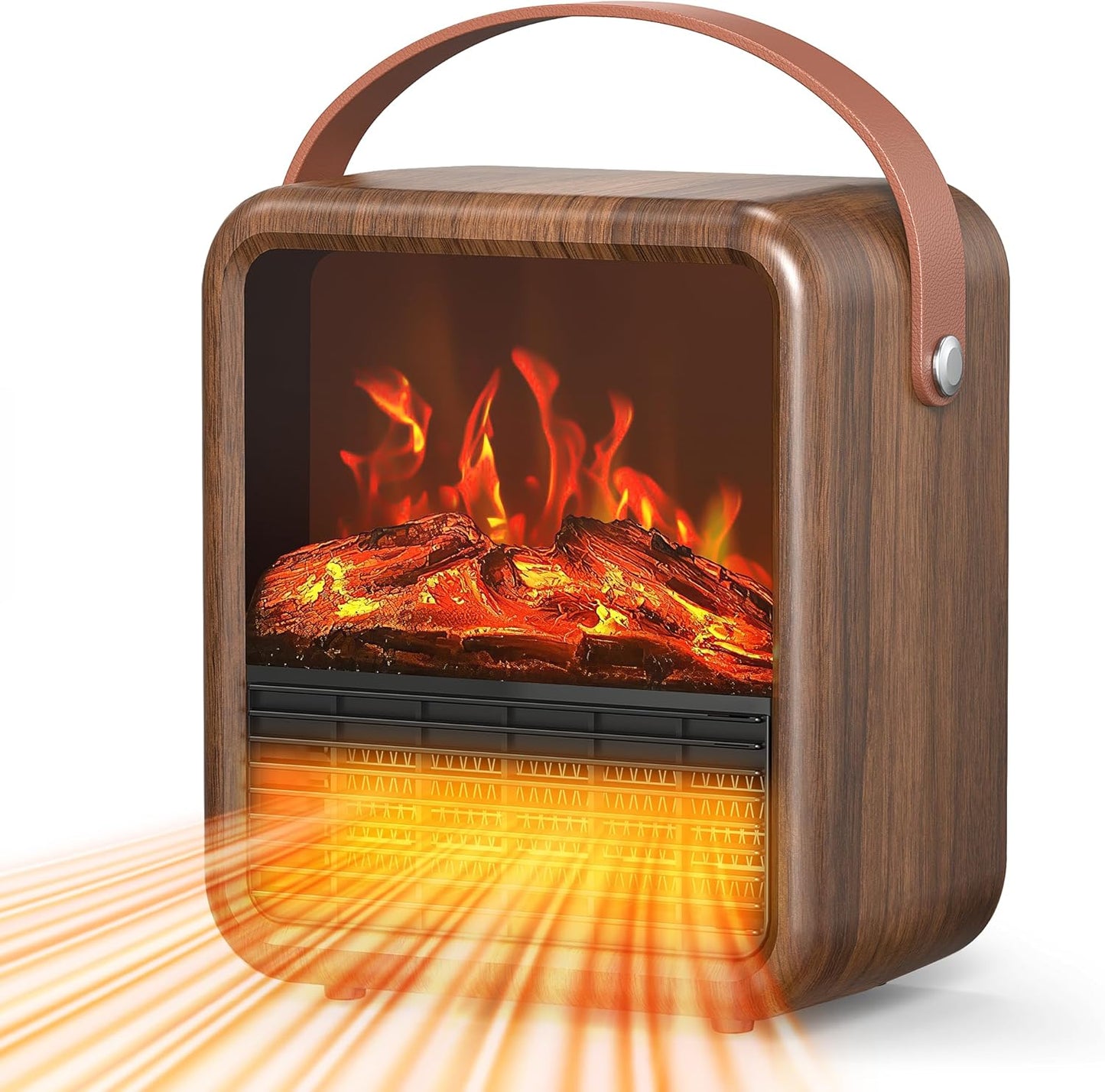 Mini Electric Fireplace Heater | Realistic 3D Flame | Tip-Over Safety | Walnut