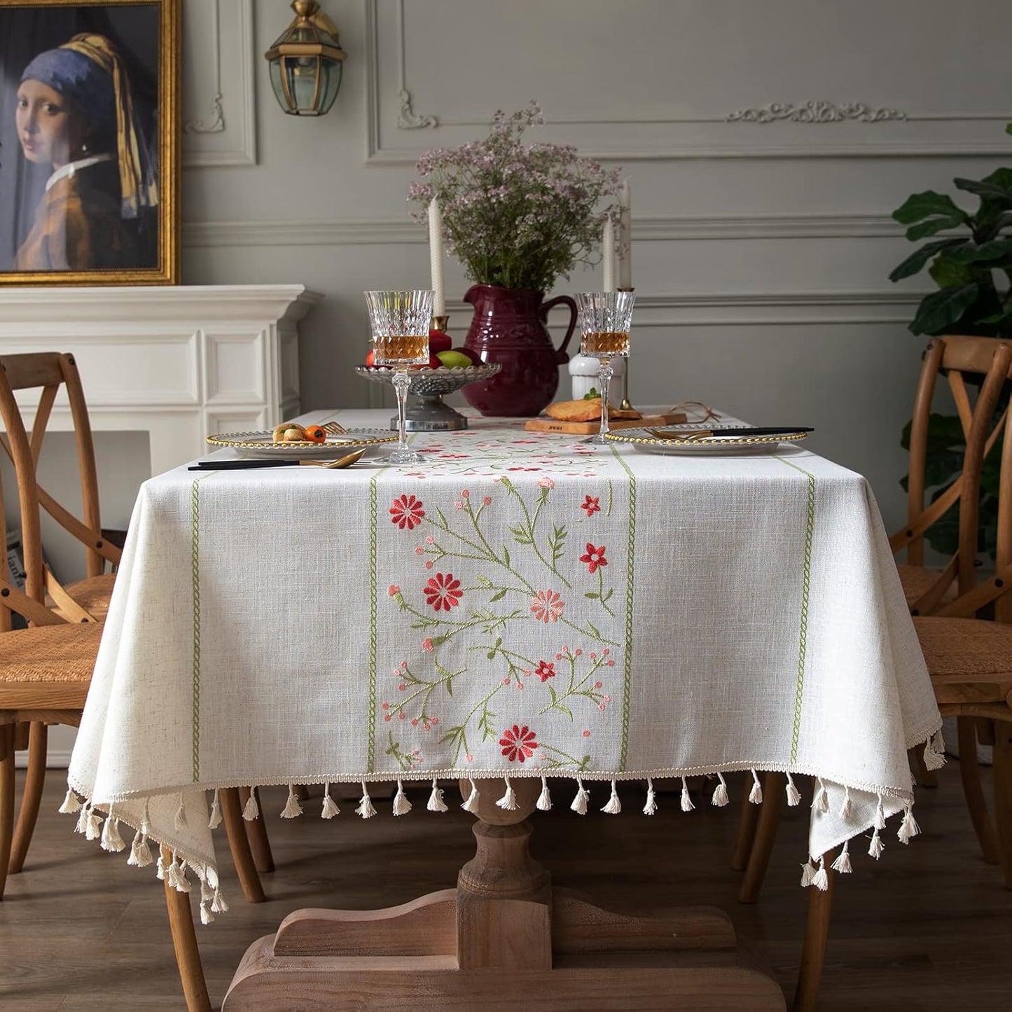 TEWENE Embroidery Linen Table Cloth for Farmhouse Decor