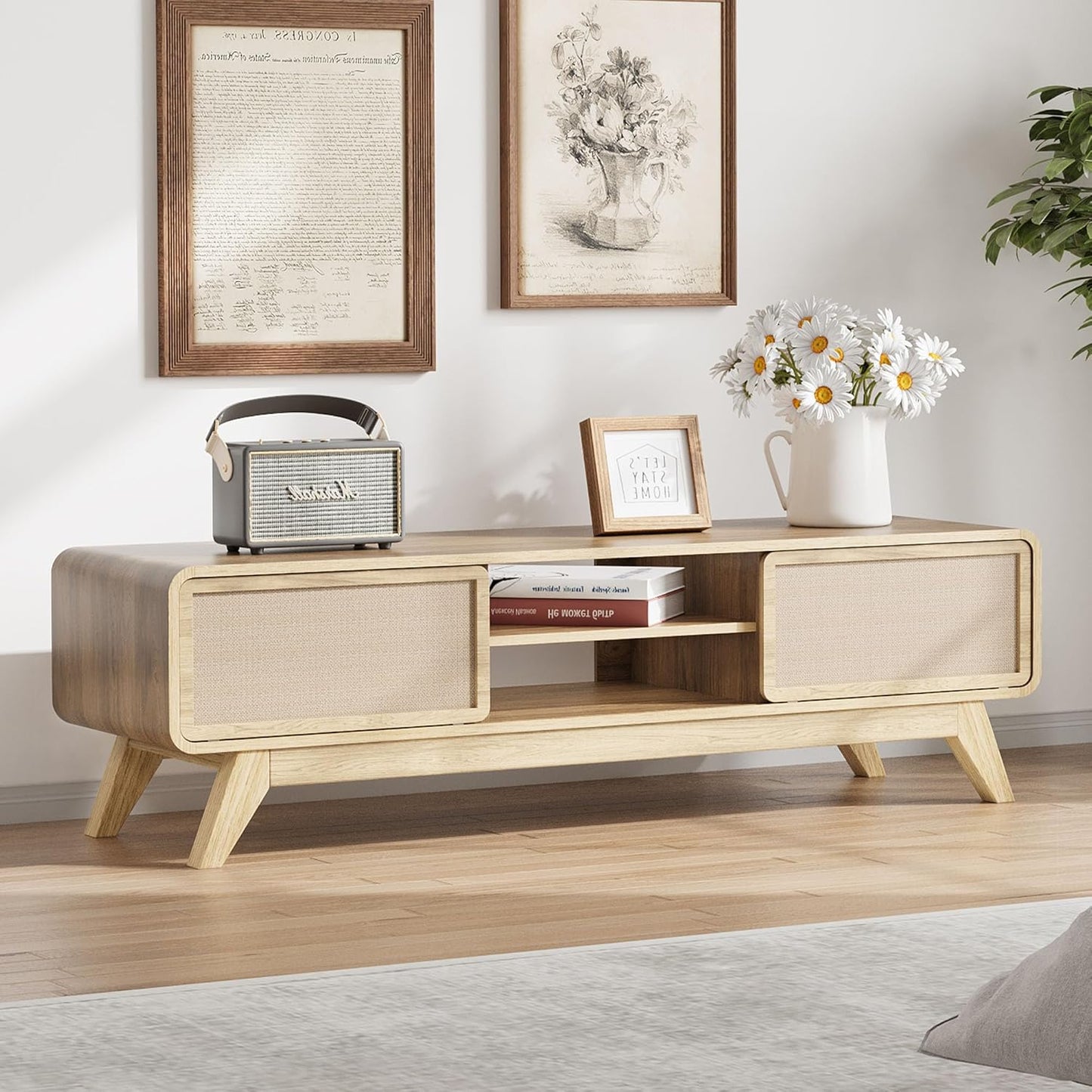 Boho TV Stand w/ Storage & Linen Doors by AVZEAR