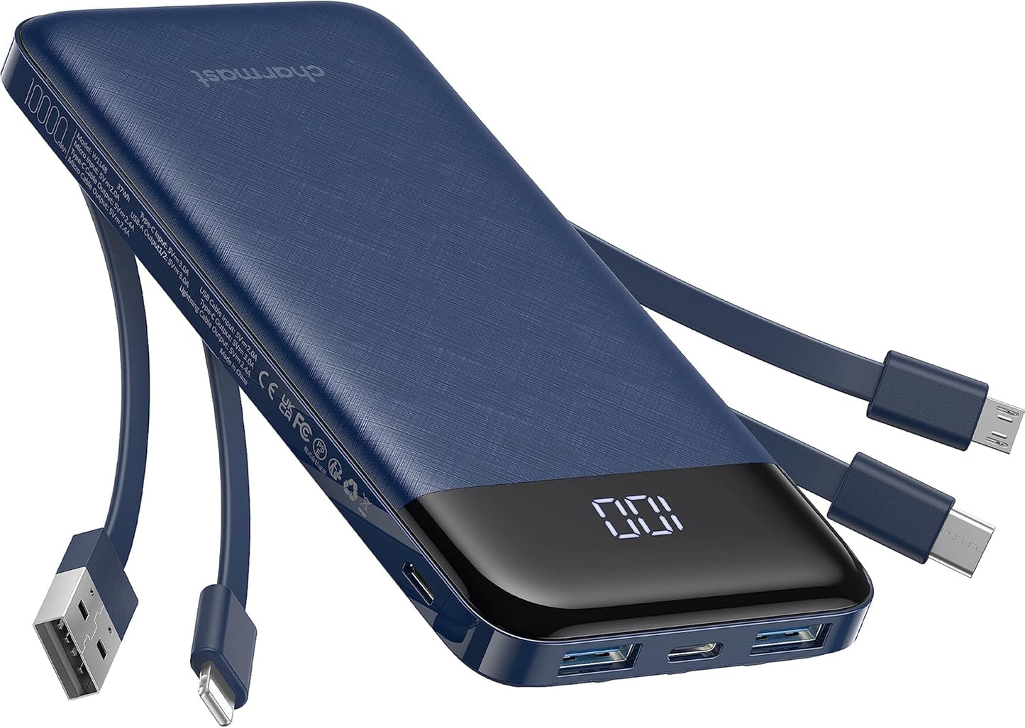 Charmast Slim 10000mAh Portable Charger with Built-in Cables - 6 Outputs, High Speed Power Bank