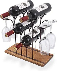 Tabletop Wood Wine Holder for 4 Bottles & Glasses - Stylish Rack